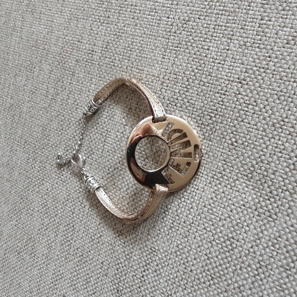 Fendi Metallic Gold Logo Disc Bracelet with Light Pink Band